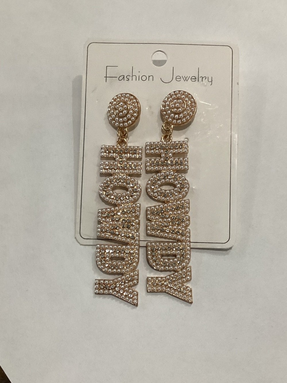 Fashion Jewelry Gold Tone HOWDY Pavé Letter Drop Earrings